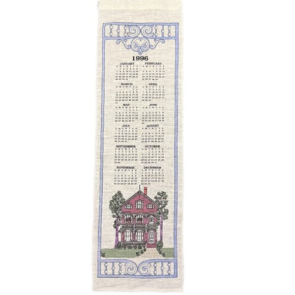 Vintage 1996 Linen Tea Towel Calendar 27"x8" - Charming Victorian House Design - Picture 1 of 3